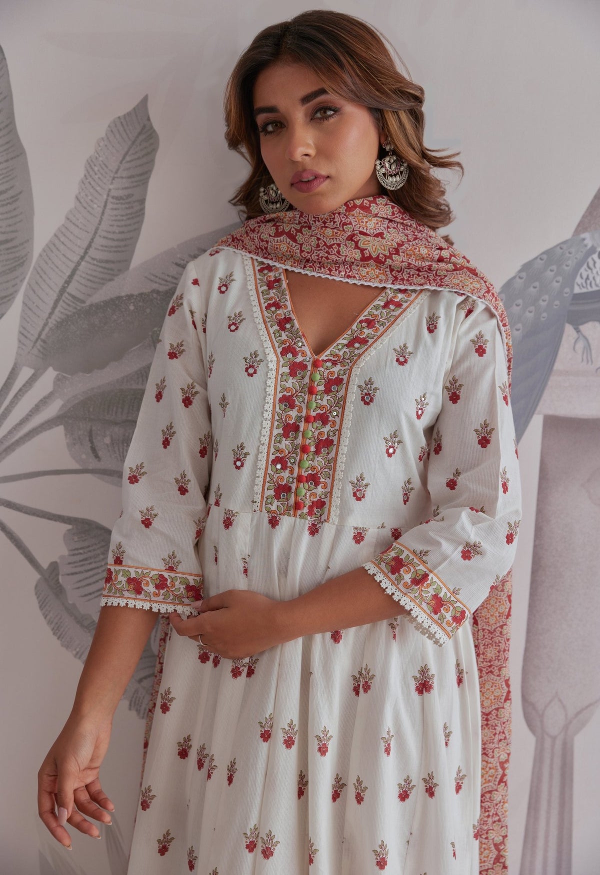 Maroon Floral Printed Long Anarkali Dress With Dupatta - Tara - C - Tara