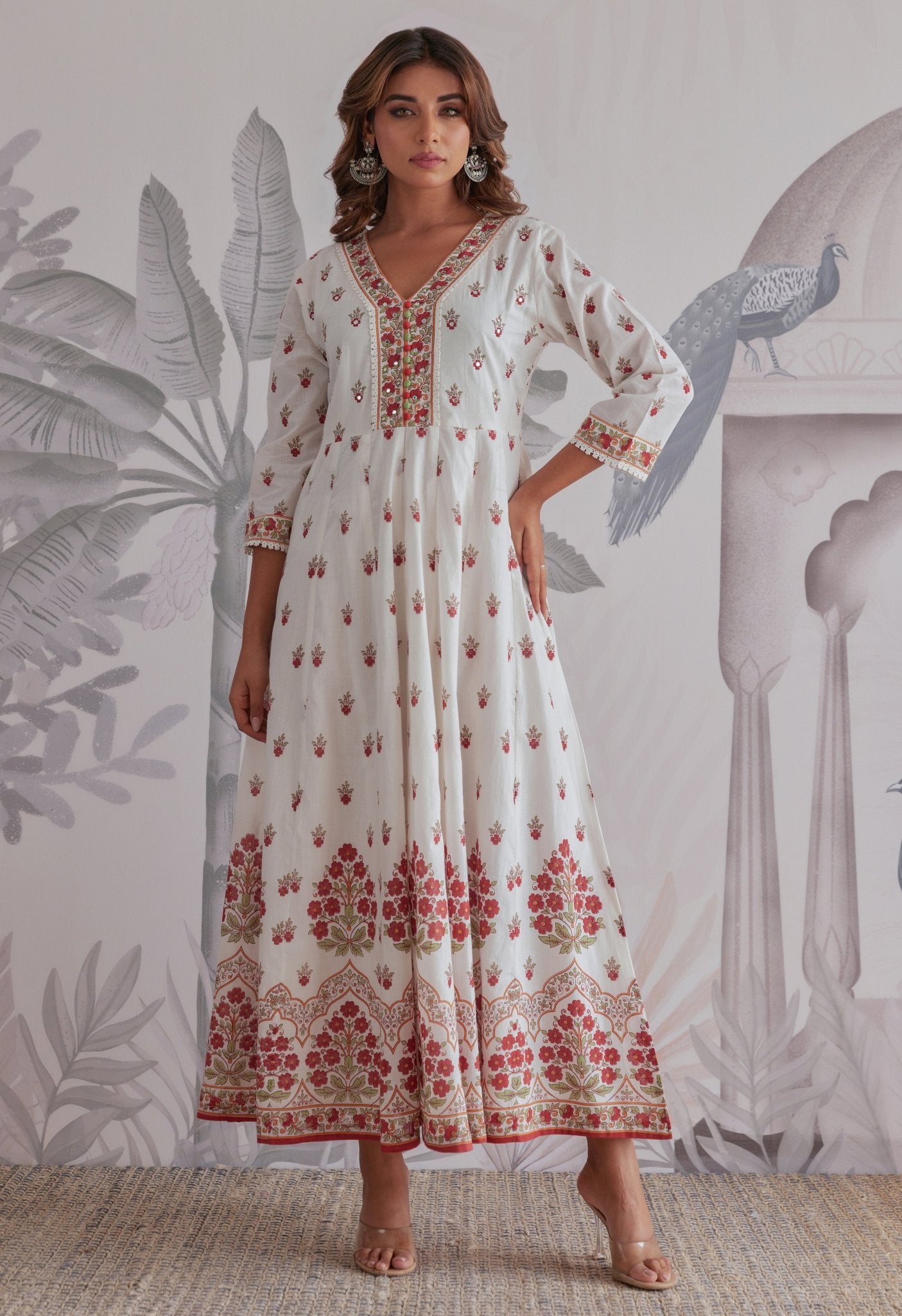 Maroon Floral Printed Long Anarkali Dress With Dupatta - Tara - C - Tara