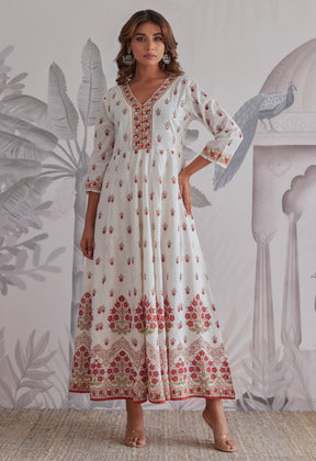 Maroon Floral Printed Long Anarkali Dress With Dupatta - Tara - C - Tara