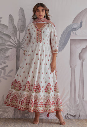 Maroon Floral Printed Long Anarkali Dress With Dupatta - Tara - C - Tara