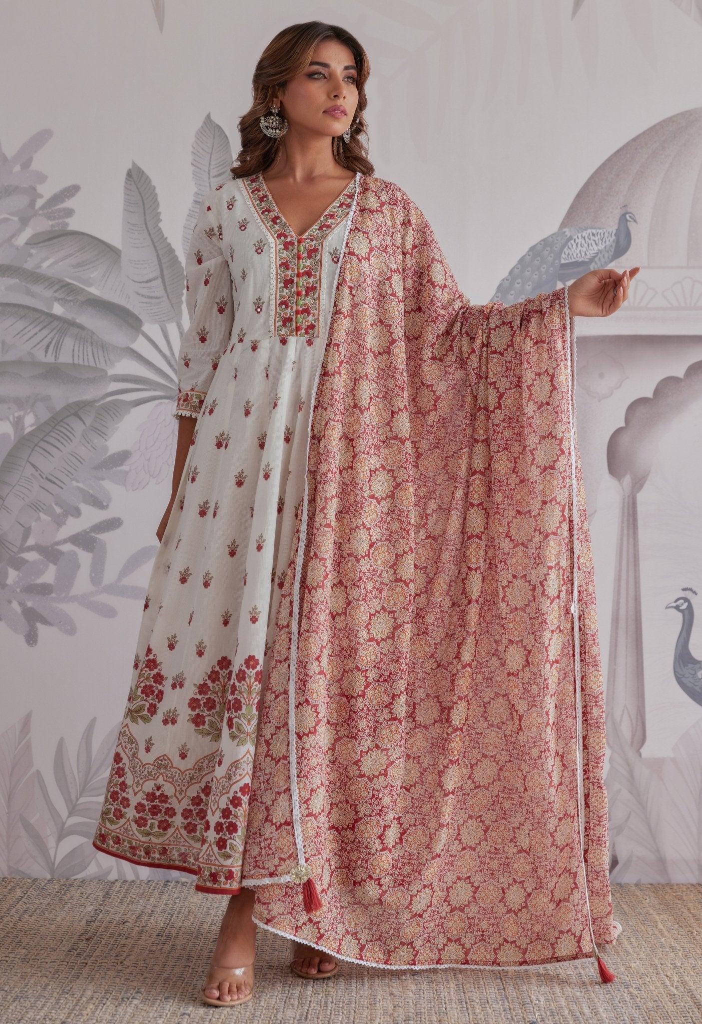 Maroon Floral Printed Long Anarkali Dress With Dupatta - Tara - C - Tara