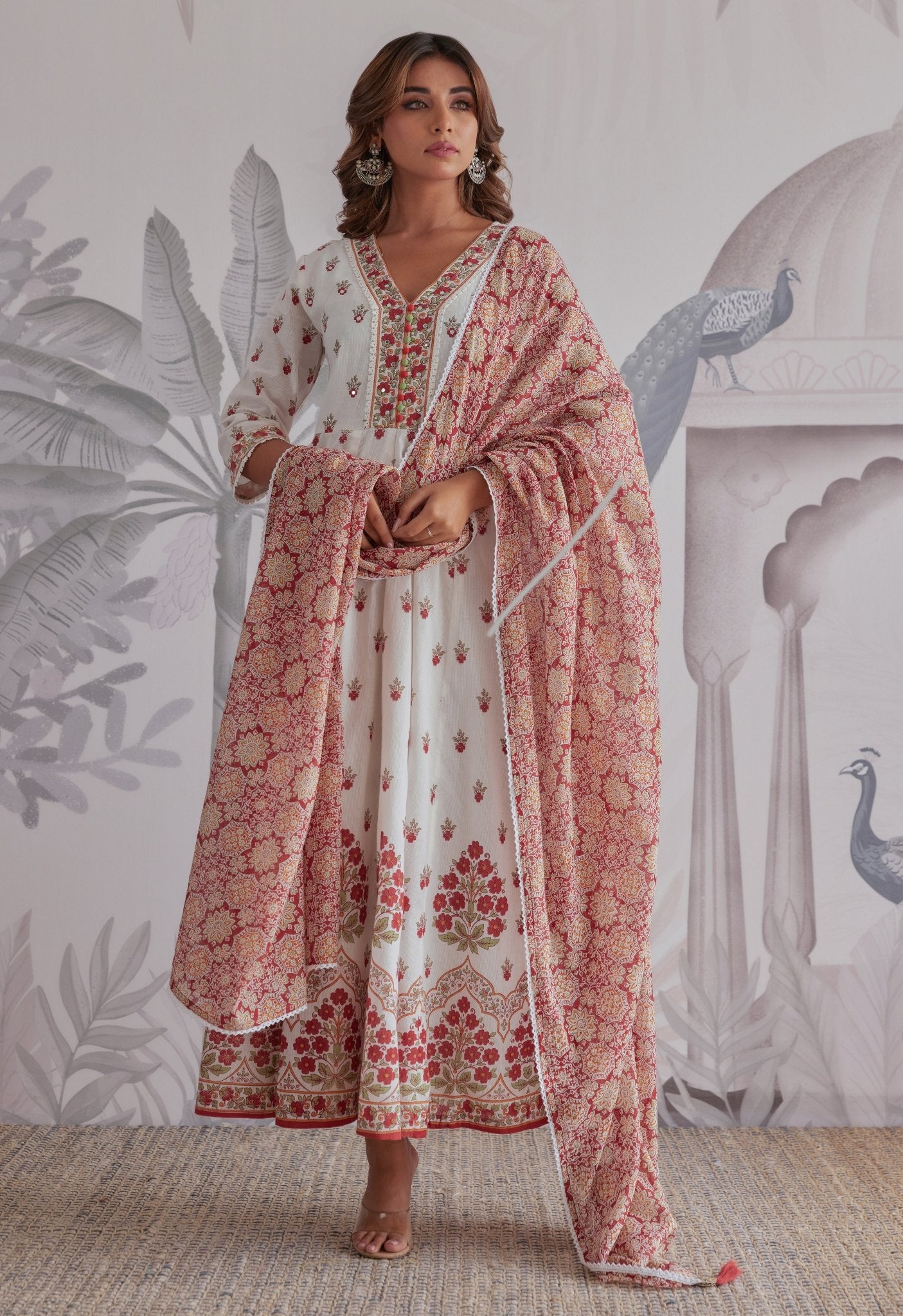 Maroon Floral Printed Long Anarkali Dress With Dupatta - Tara - C - Tara