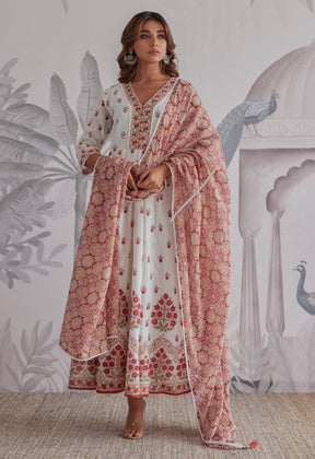 Maroon Floral Printed Long Anarkali Dress With Dupatta - Tara - C - Tara