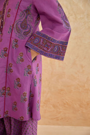 Mauve Floral Block Print Farsi Salwar Co-ord Set - Tara-C-Tara