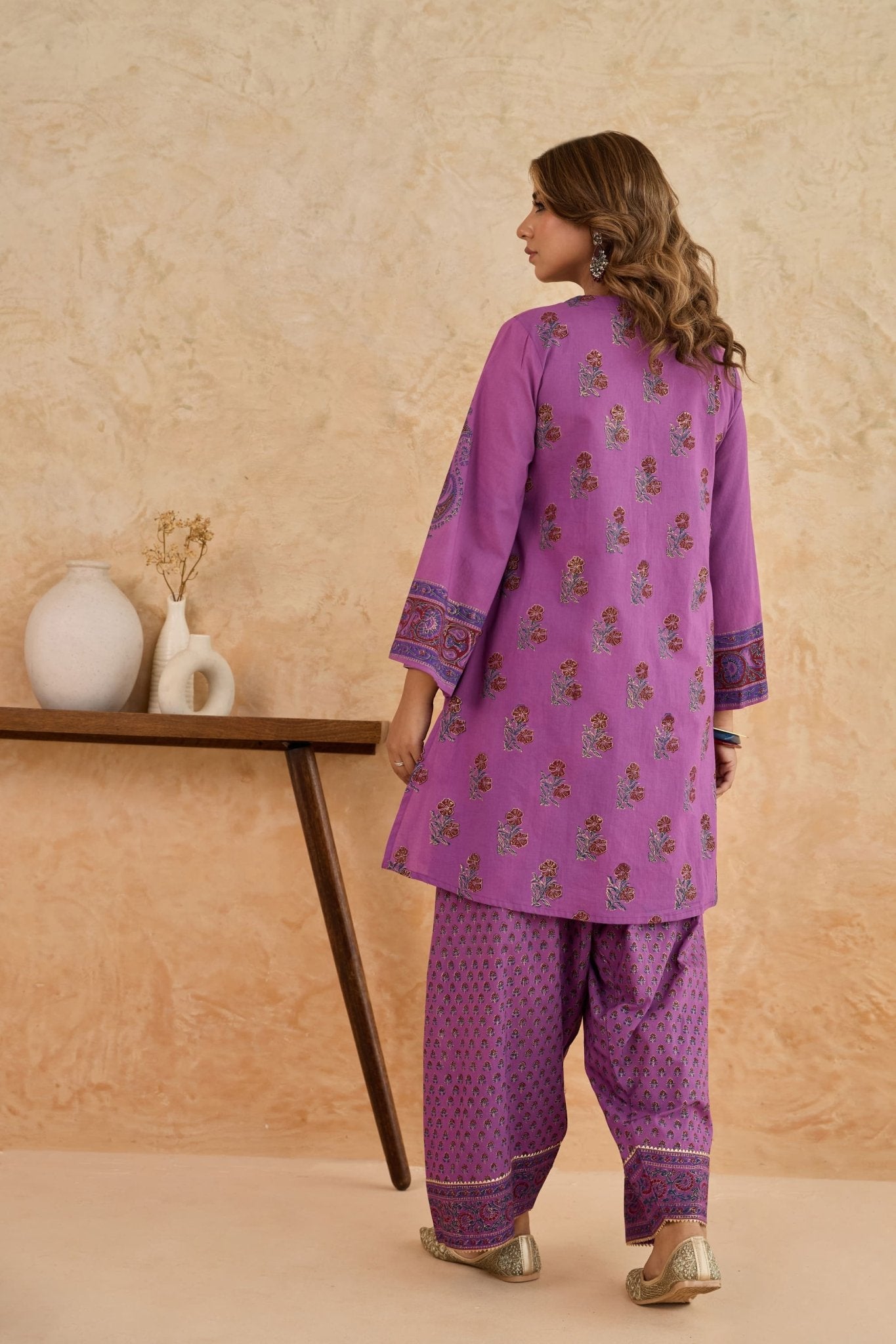Mauve Floral Block Print Farsi Salwar Co-ord Set - Tara-C-Tara