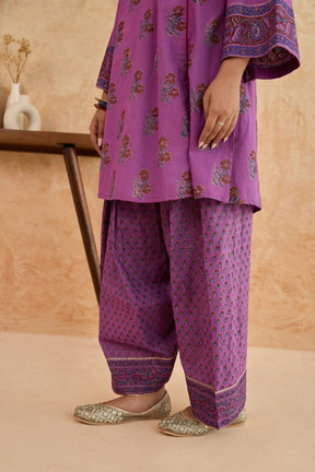 Mauve Floral Block Print Farsi Salwar Co-ord Set - Tara-C-Tara