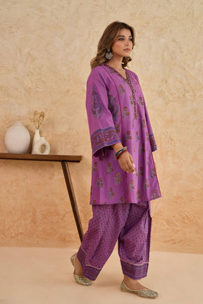 Mauve Floral Block Print Farsi Salwar Co-ord Set - Tara-C-Tara