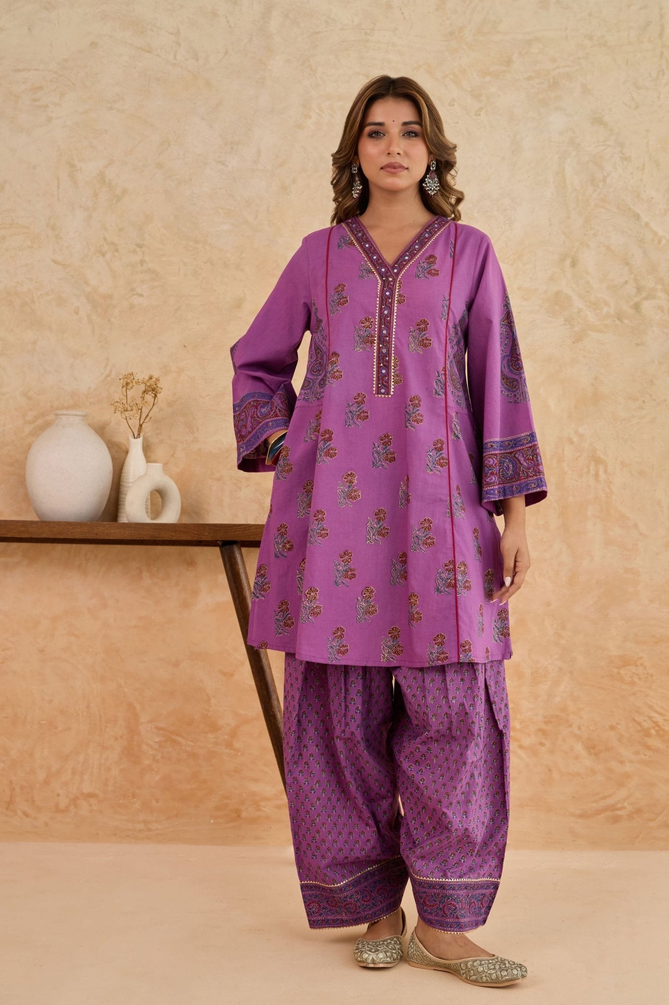 Mauve Floral Block Print Farsi Salwar Co-ord Set - Tara-C-Tara