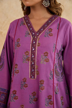 Mauve Floral Block Print Farsi Salwar Co-ord Set - Tara-C-Tara