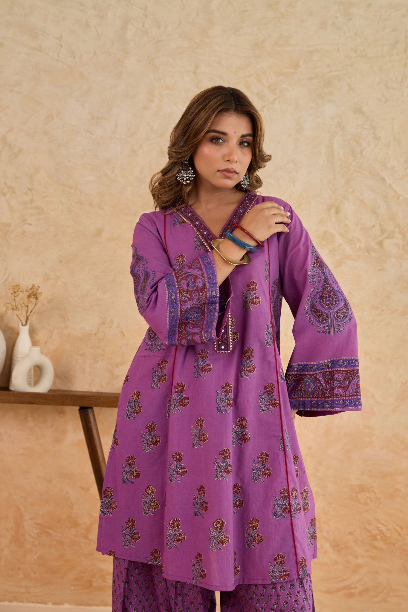 Mauve Floral Block Print Farsi Salwar Co-ord Set - Tara-C-Tara