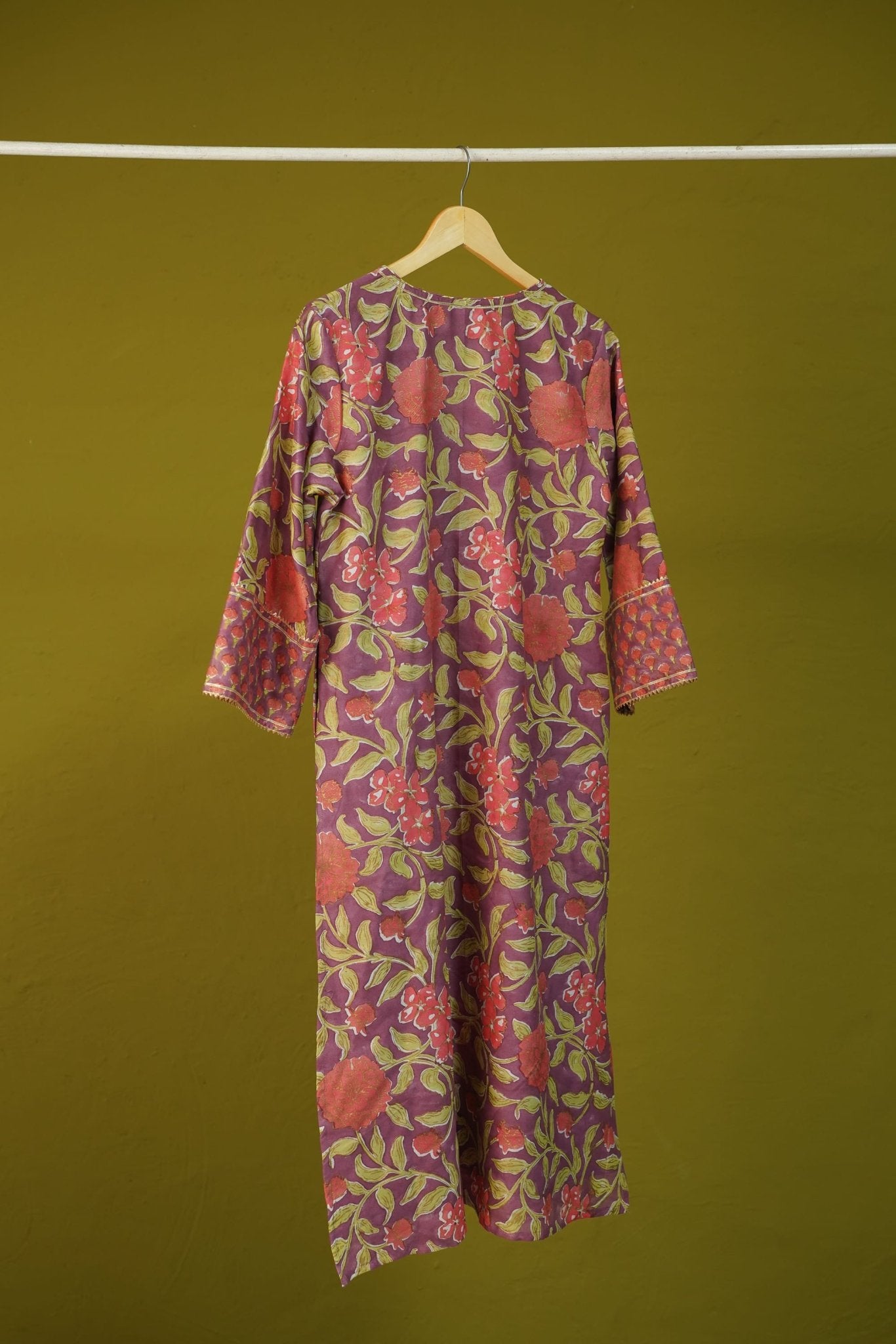Mauve Purple Floral Hand Block Printed Chanderi Silk Kurta - Tara-C-Tara