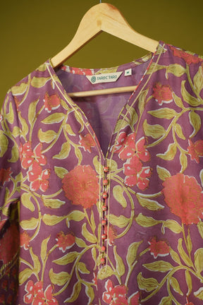 Mauve Purple Floral Hand Block Printed Chanderi Silk Kurta - Tara-C-Tara