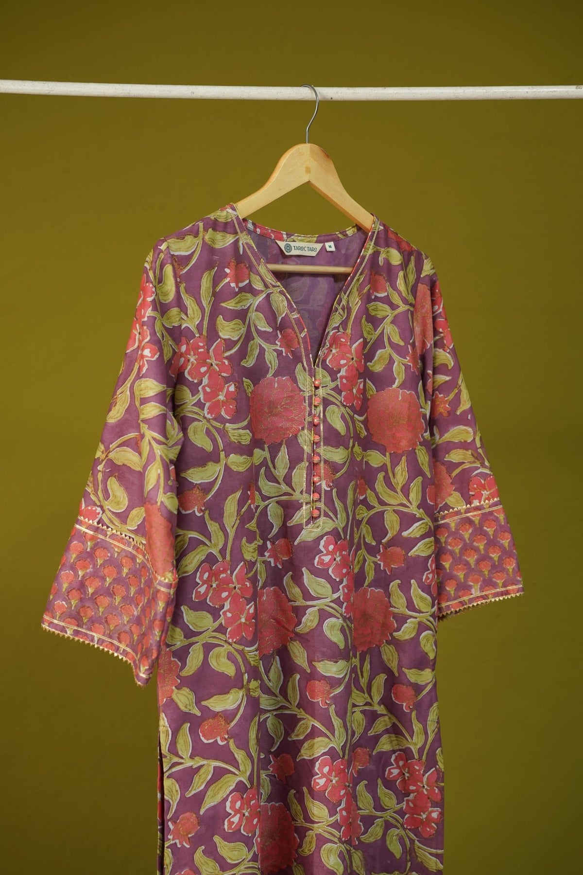 Mauve Purple Floral Hand Block Printed Chanderi Silk Kurta - Tara-C-Tara
