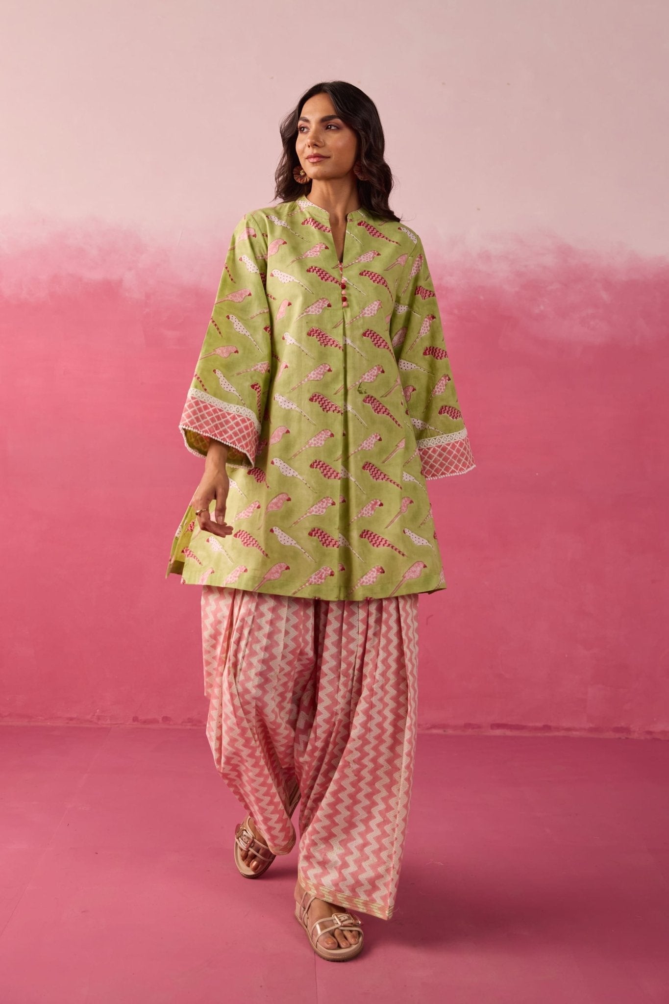 Meadow Green Parakeet Print Cotton Farsi Salwar Co-ord Set - Tara-C-Tara