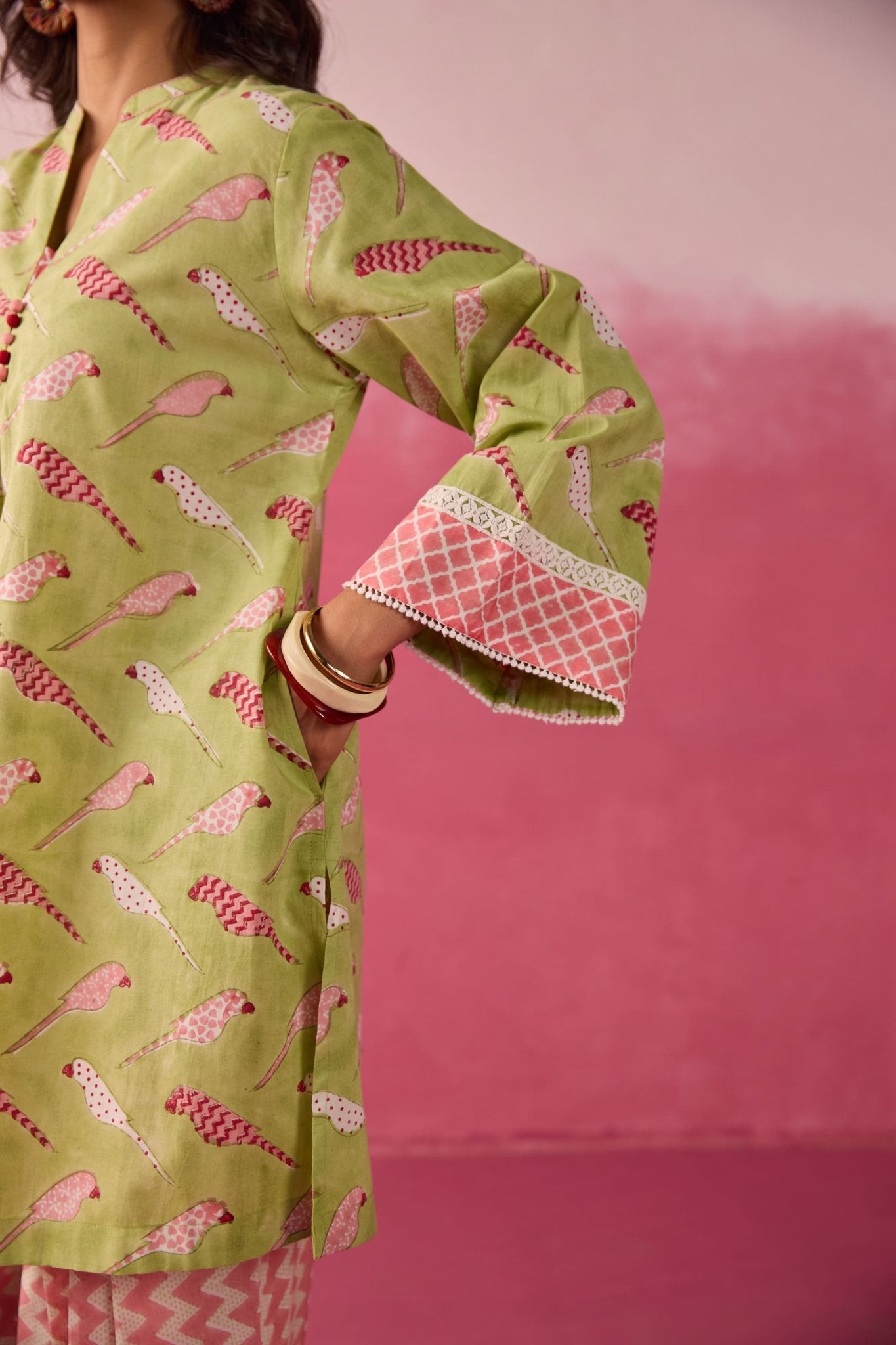 Meadow Green Parakeet Print Cotton Farsi Salwar Co-ord Set - Tara-C-Tara