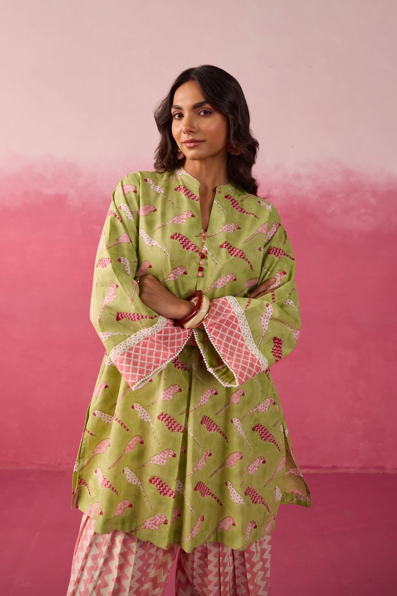 Meadow Green Parakeet Print Cotton Farsi Salwar Co-ord Set - Tara-C-Tara