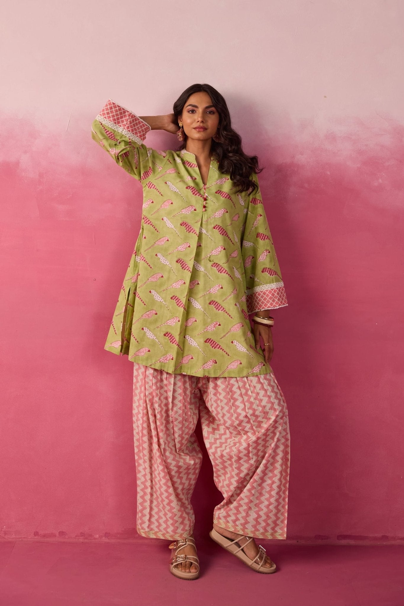 Meadow Green Parakeet Print Cotton Farsi Salwar Co-ord Set - Tara-C-Tara