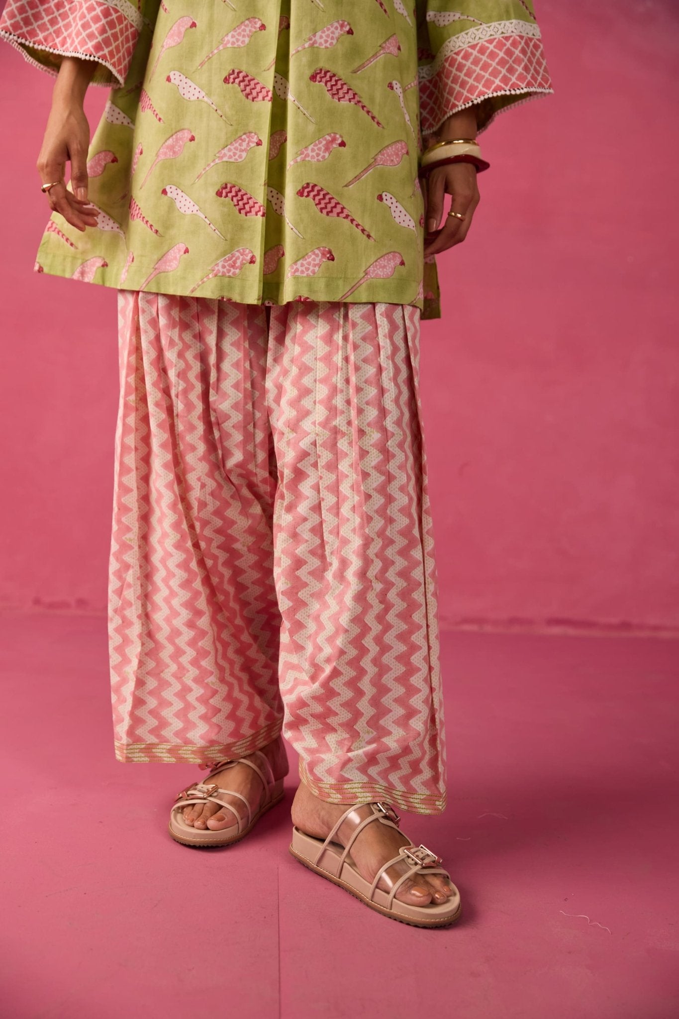 Meadow Green Parakeet Print Cotton Farsi Salwar Co-ord Set - Tara-C-Tara