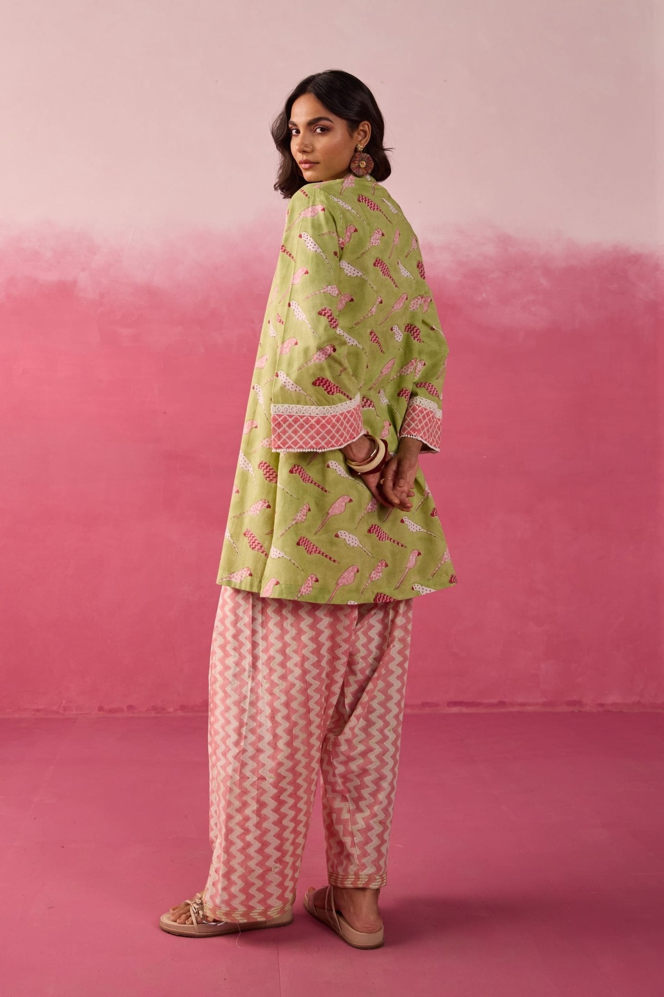 Meadow Green Parakeet Print Cotton Farsi Salwar Co-ord Set - Tara-C-Tara