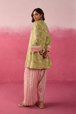 Meadow Green Parakeet Print Cotton Farsi Salwar Co-ord Set - Tara-C-Tara