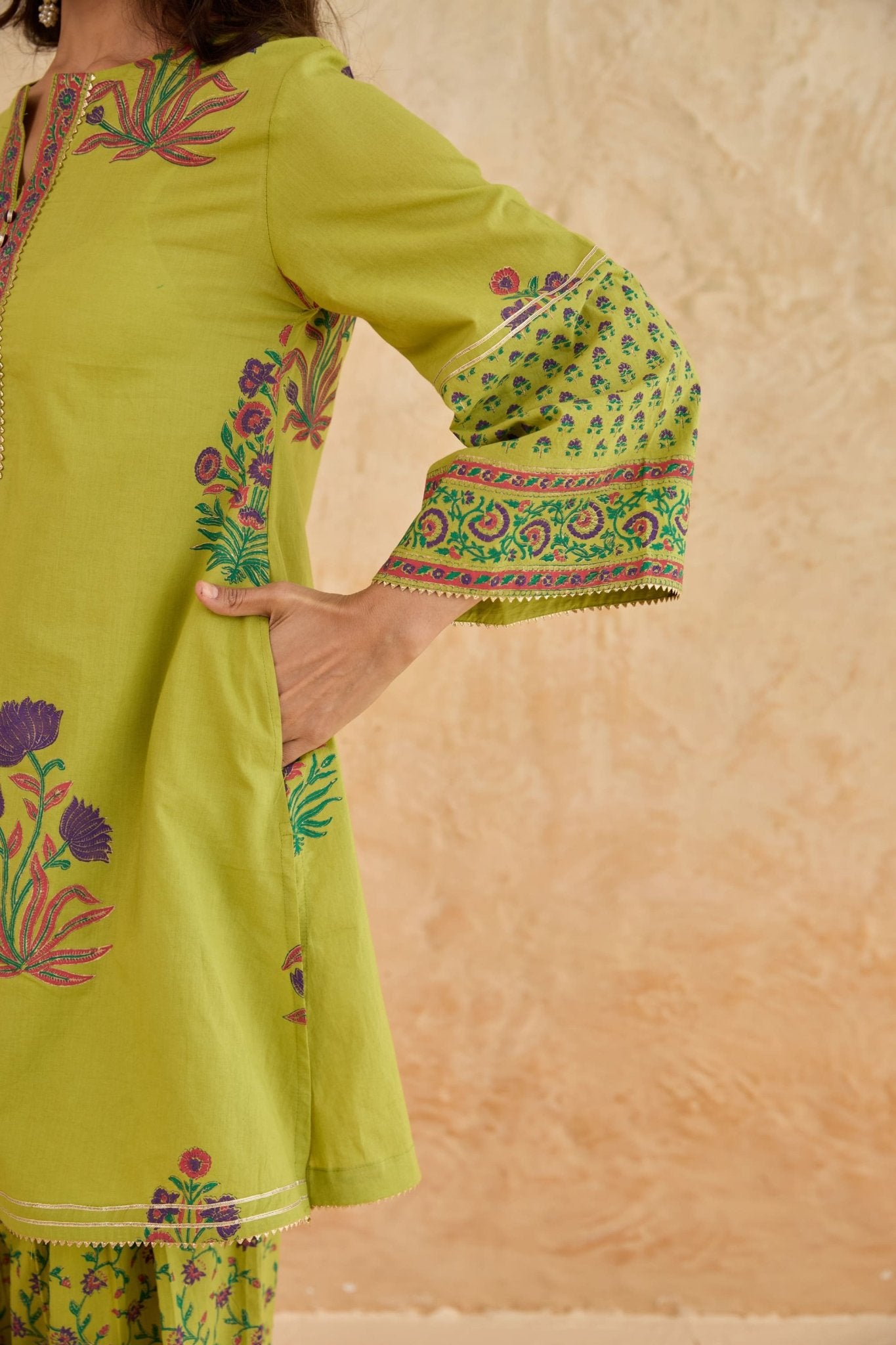 Mehendi Green Floral Block Print Farsi Salwar Co-ord Set - Tara-C-Tara