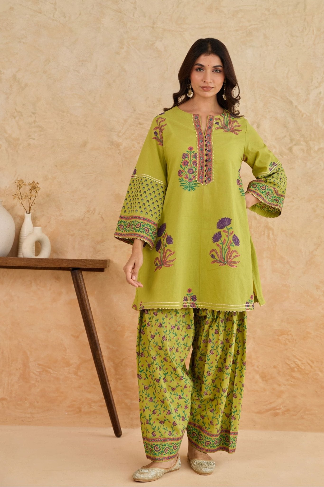 Mehendi Green Floral Block Print Farsi Salwar Co-ord Set - Tara-C-Tara