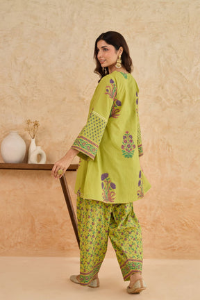 Mehendi Green Floral Block Print Farsi Salwar Co-ord Set - Tara-C-Tara