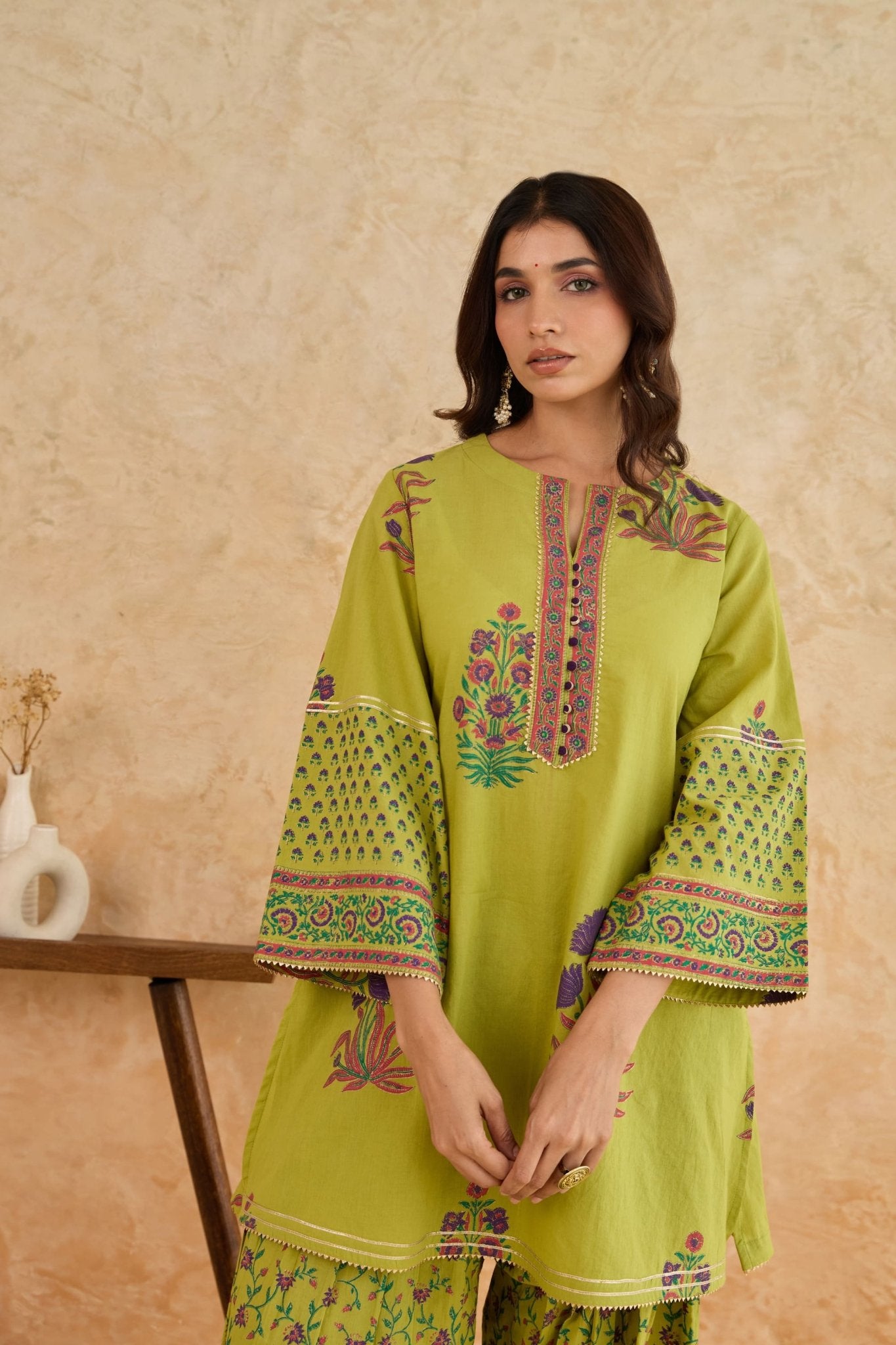 Mehendi Green Floral Block Print Farsi Salwar Co-ord Set - Tara-C-Tara