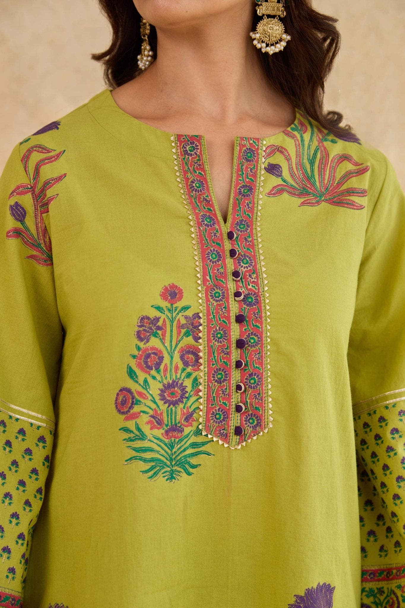 Mehendi Green Floral Block Print Farsi Salwar Co-ord Set - Tara-C-Tara
