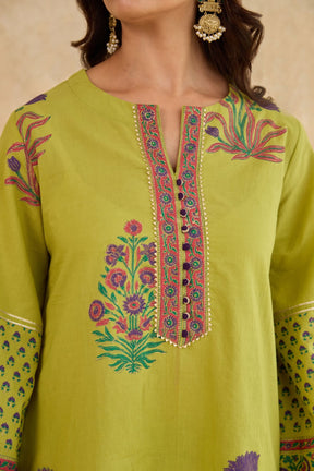 Mehendi Green Floral Block Print Farsi Salwar Co-ord Set - Tara-C-Tara