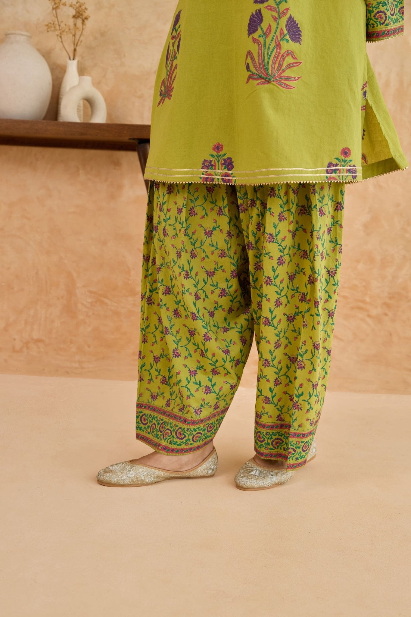 Mehendi Green Floral Block Print Farsi Salwar Co-ord Set - Tara-C-Tara