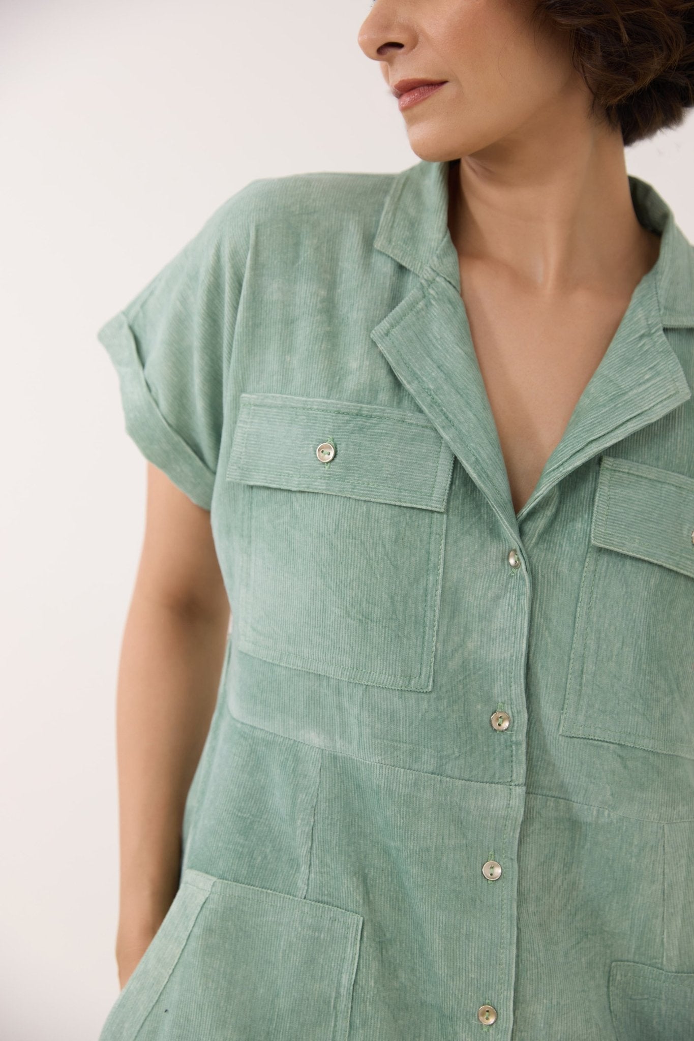 Mint Green Corduroy Utility Shirt Dress - Tara - C - Tara