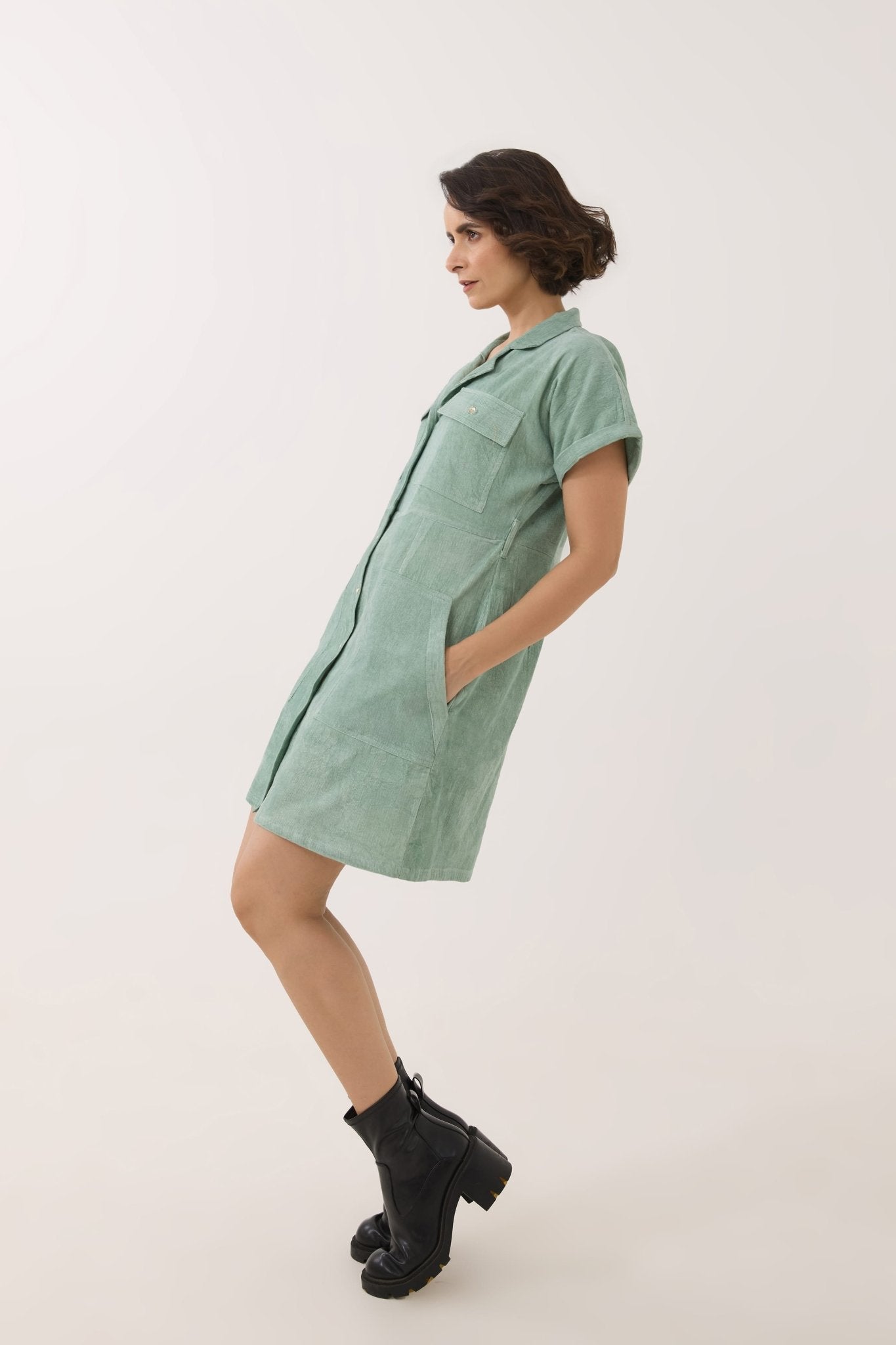 Mint Green Corduroy Utility Shirt Dress - Tara - C - Tara