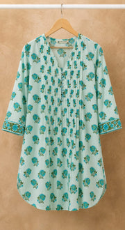 Mint Green Floral Booti Pintuck Short Kurti