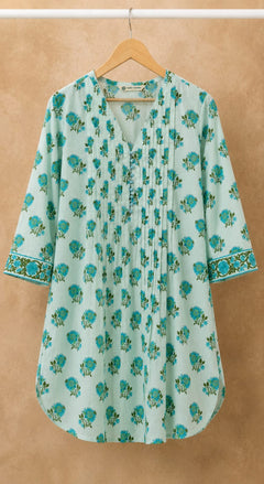 Mint Green Floral Booti Pintuck Short Kurti