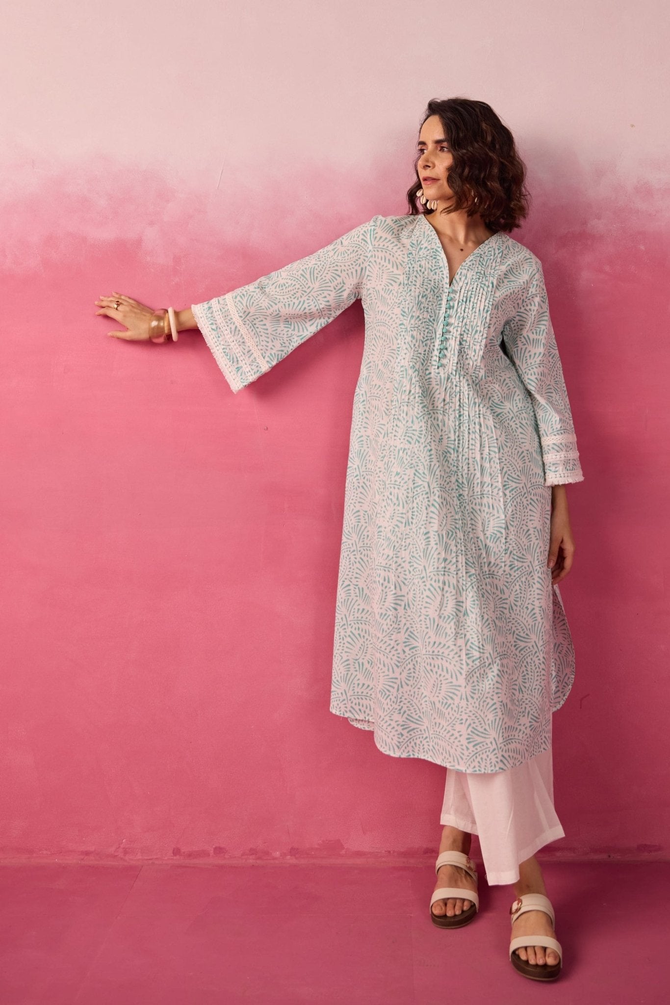 Mint Green Hand Block Printed Kurta & White Pant Co - ord Set - Tara - C - Tara