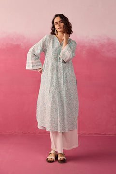 Mint Green Hand Block Printed Kurta & White Pant Co-ord Set