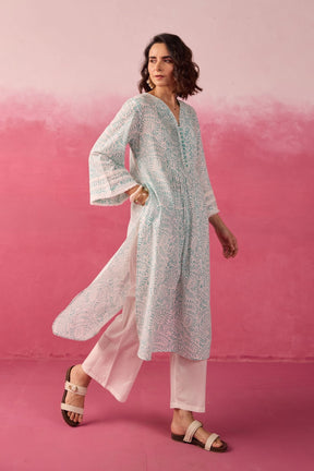 Mint Green Hand Block Printed Kurta & White Pant Co - ord Set - Tara - C - Tara