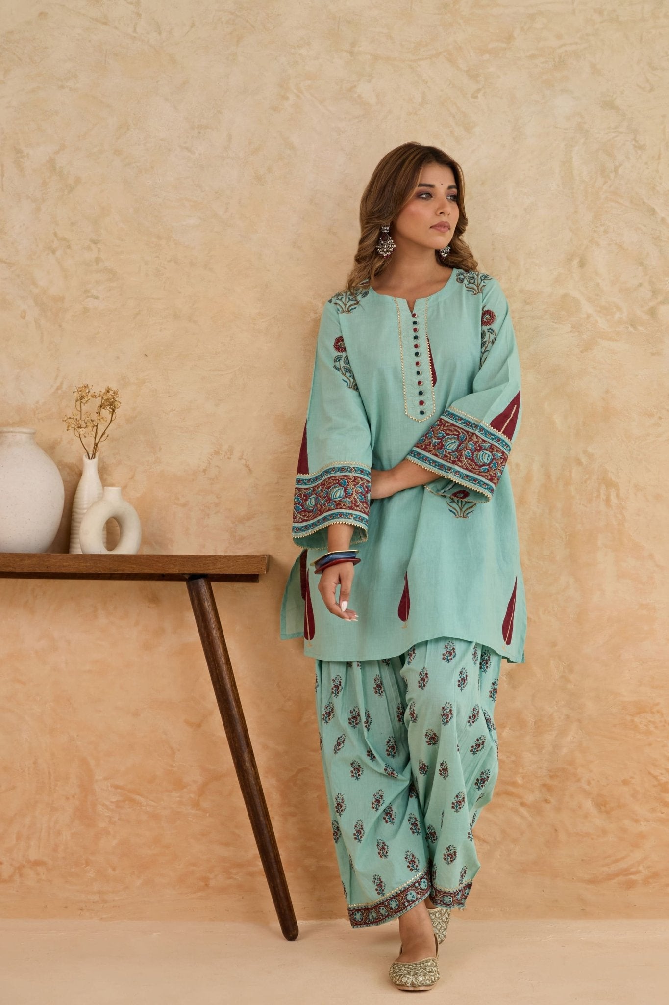 Mint Green Leaf Print Cotton Farsi Salwar Co-ord Set - Tara-C-Tara