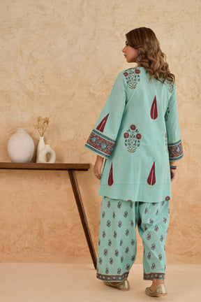Mint Green Leaf Print Cotton Farsi Salwar Co-ord Set - Tara-C-Tara