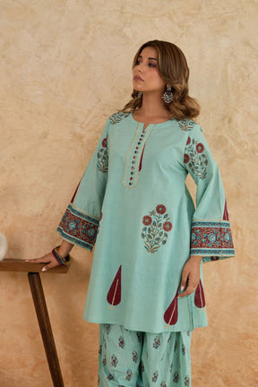 Mint Green Leaf Print Cotton Farsi Salwar Co-ord Set - Tara-C-Tara