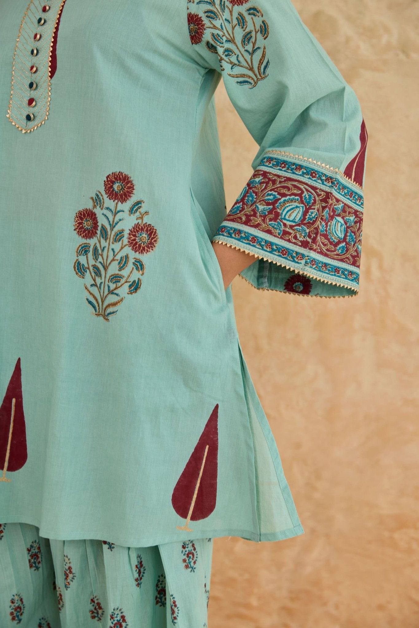 Mint Green Leaf Print Cotton Farsi Salwar Co-ord Set - Tara-C-Tara