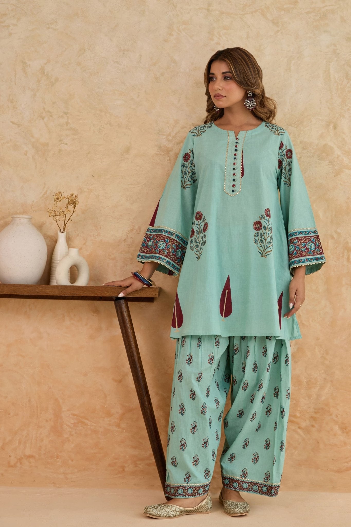 Mint Green Leaf Print Cotton Farsi Salwar Co-ord Set - Tara-C-Tara