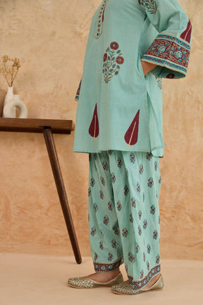 Mint Green Leaf Print Cotton Farsi Salwar Co-ord Set - Tara-C-Tara