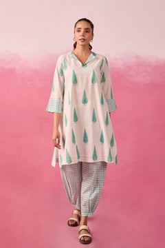 Mint Leaf & Check Hand Block Printed Co-ord Set