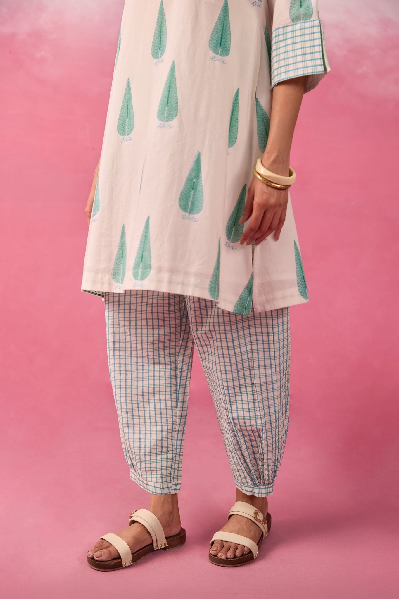 Mint Leaf & Check Hand Block Printed Co-ord Set - Tara-C-Tara