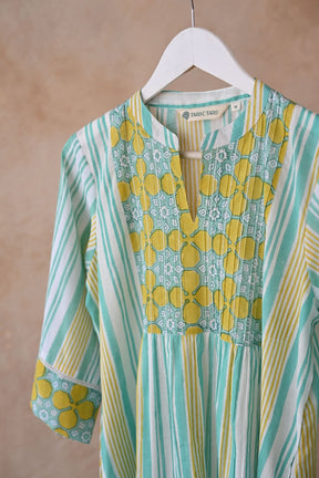 Mint & Yellow Stripe Block Printed Kurta - Tara - C - Tara