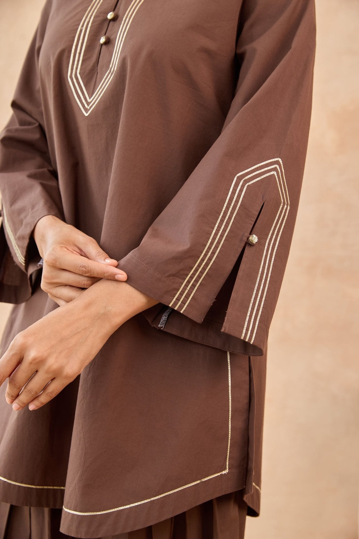 Mocha Brown Gota Piped Farsi Salwar Co-ord Set - Tara-C-Tara