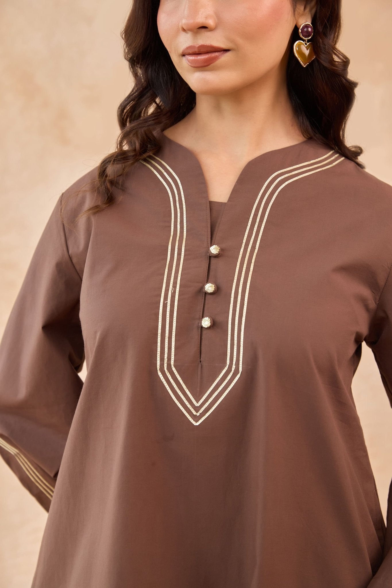 Mocha Brown Gota Piped Farsi Salwar Co-ord Set - Tara-C-Tara