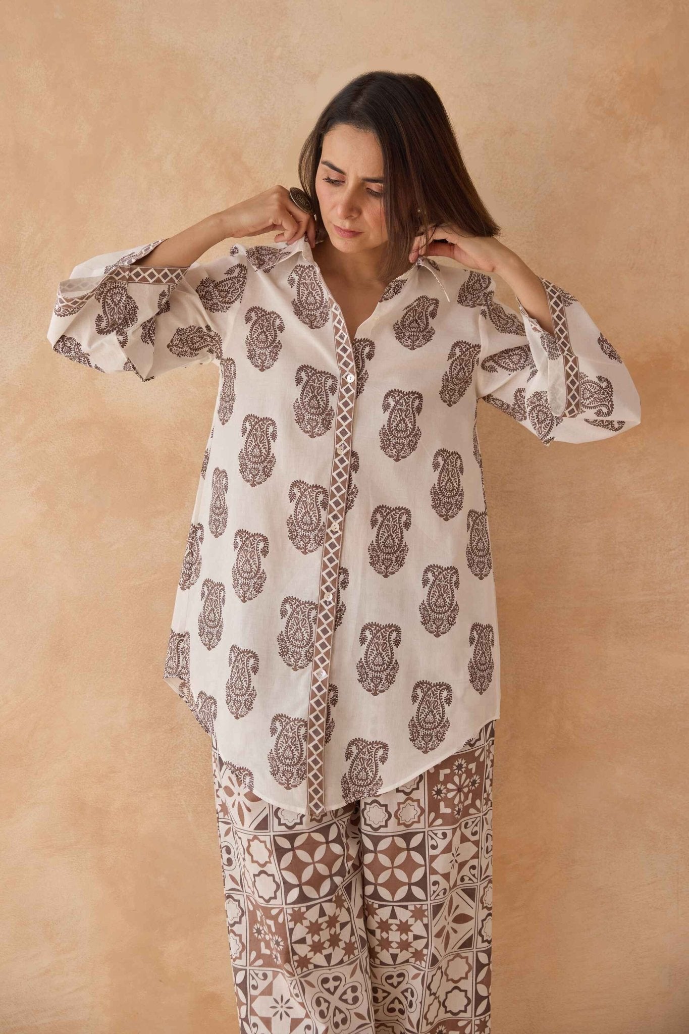 Mocha Paisley & Tile Printed Cotton Co - ord Set - Tara - C - Tara